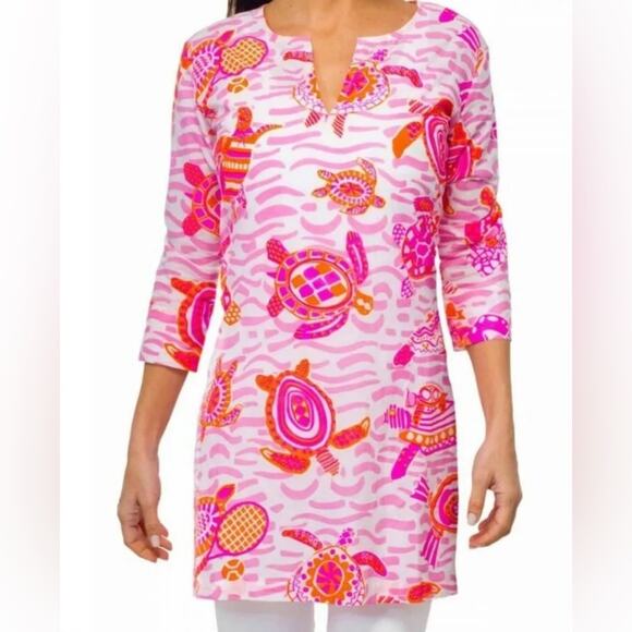 Gretchen Scott Turtle Time Tunic Cotton Size Medium EUC Pink Orange - Picture 1 of 8